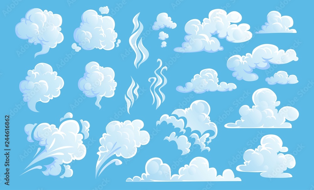 Steam clouds set. White cartoon sky and steam clouds on blue background. Vector illustration - obrazy, fototapety, plakaty 