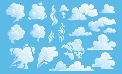 steam clouds set. white cartoon sky and steam clouds on blue background. vector illustration