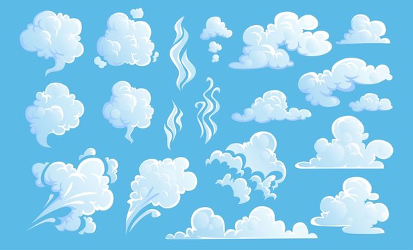 Wall Mural - Steam clouds set. White cartoon sky and steam clouds on blue background. Vector illustration