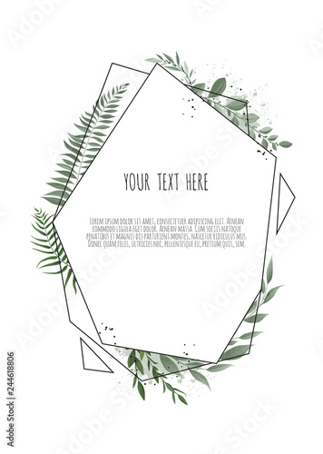 Floral wreath with green eucalyptus leaves, flower rose, anemone . Frame bord...