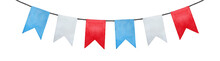 Joyful And Positive Pennant Bunting Banner Flags Illustration. Rectangular Shape; Sky Blue, Pure White, Bright Red Colors. Handmade Watercolour Painting, Cut Out Clip Art Element For Design And Decor.