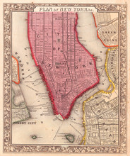 1860, Mitchell Map Of New York City, New York, First Edition