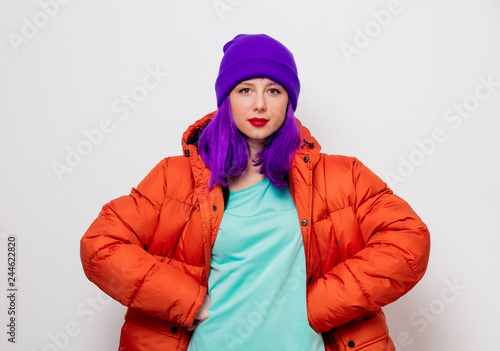 Beautiful Young Girl With Purple Hair And In Orange Jacket On