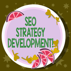 Word writing text Seo Strategy Development. Business concept for Process of organizing a website s is content Cutouts of Sliced Lime Wedge and Herb Leaves on Blank Round Color Plate