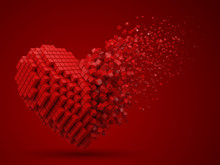 Heart Shaped, Dissolving Data Block. Made With Red Cubes. 3d Pixel Style Vector Illustration.