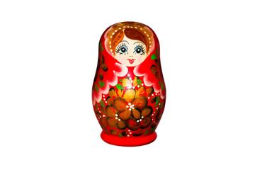 A painted wooden matryoshka doll on a white background.Russian matryoshka background.