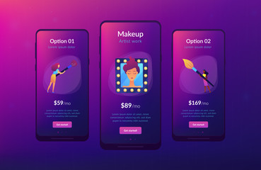 Professional makeup artists applying make up with brush on woman face in mirror. Professional makeup, pro artistry, makeup artist work concept. Mobile UI UX GUI template, app interface wireframe