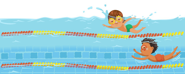 Boys swimming. Swimmers racing in the pool. Underwater view on the water of the pool. Billboard or branner design. Gaps fill your data to fill. Concept for web pages, schools,Special sports classes.
