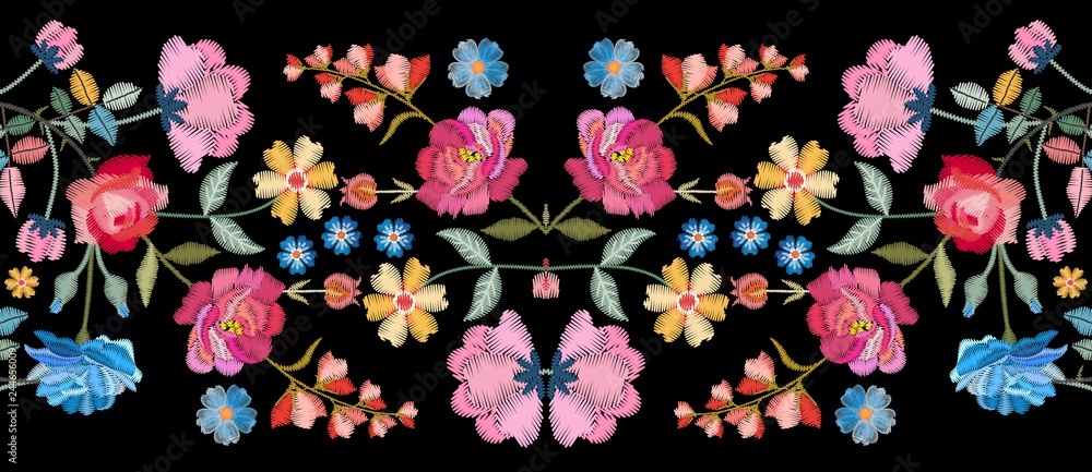 Colorful seamless embroidery border with beautiful flowers. Floral embroidered pattern on black background. Fashion print. - obrazy, fototapety, plakaty 