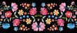 Colorful seamless embroidery border with beautiful flowers. Floral embroidered pattern on black background. Fashion print.