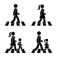 Stick figure walking pedestrian vector icon pictogram. Man, woman and children crossing road set