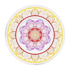 Decorative round mandala from floral elements. Vector illustration. Home decor, interior design. Set of 2 matching decorative plates for interior design. Purple, red, yellow gradient color