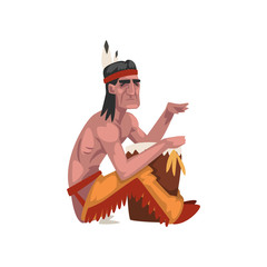 Poster - Native American Indian man, tribe member in traditional ethnic clothes and headband with feather vector Illustration