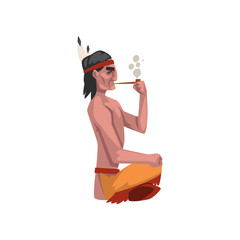 Wall Mural - Native American Indian man sitting with his legs crossed and smoking pipe, tribe member in traditional ethnic clothes and headband with feather vector Illustration