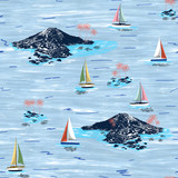 Fototapeta Konie - Beautiful seamless island pattern. Summer trends bright seamless colorful island pattern on light blue background. Landscape with palm trees, beach, sailing ship and ocean brush hand drawn style.