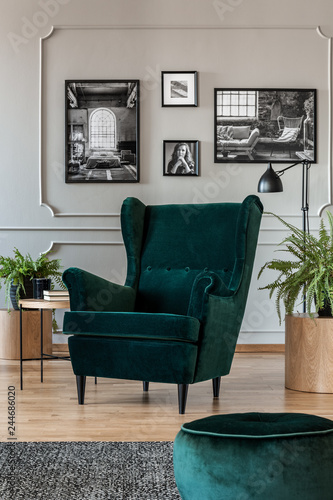 Emerald Green Armchair And Pouf In Grey Living Room Interior