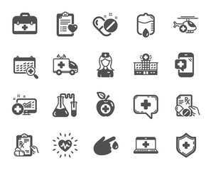 Medical rx icons. Hospital assistance, Ambulance, Health food diet, Laboratory tubes icons. First aid kit, Medical doctor, Prescription Rx recipe. Drop counter, Ambulance emergency car. Vector