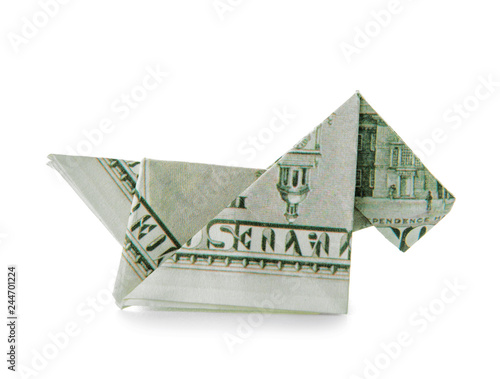 Origami Dog Made Of Dollar Banknote On White Background