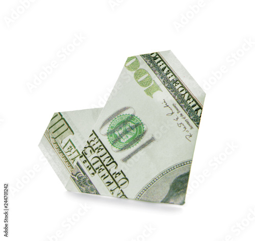 Origami Heart Made Of Dollar Banknote On White Background