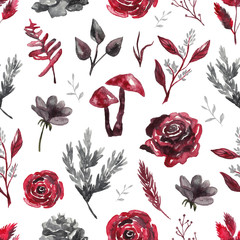 Wall Mural - Seamless pattern with watercolor flowers, plants on white isolated background. Gothic background