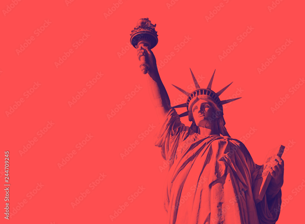 Bottom view of the famous Statue of Liberty, icon of freedom and of the United States. Red duotone effect - obrazy, fototapety, plakaty 