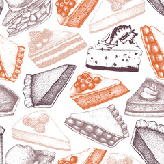 Wall Mural - Vectorbackground with ink hand drawn fruit and berry baking illustration. Vintage design with traditional cake, tart and pie sketch. Sweet bakery menu. Seamless pattern