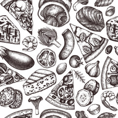 Seamless pattern with hand drawn Pizza ingredients sketches. Vector Italian food drawing. Engraving style Fast food background with meat, cheese, seafood, vegetables and spices.
