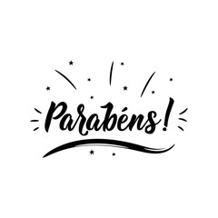 Sticker - Congratulations in Portuguese. Ink illustration with hand-drawn lettering. Parabens.