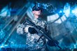 © TimeStopper - The abstract image of the soldier use a VR glasses for combat simulation training overlay with the hologram. the concept of virtual hologram, simulation, gaming, internet of things and future life.