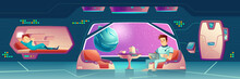 Vector Illustration With A Bedroom At Spaceship With Astronauts. Crew Members Relax, Female And Male Dwellers. Tourists Or Colonists Couple Resting In Space Station, Orbital Hotel Or Colony Base Room
