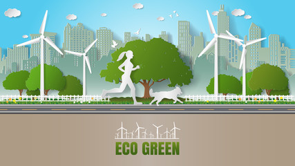 Paper folding art origami style vector illustration Renewable energy ecology sustainable development technology with people concepts, woman and her dog running in city parks where full of wind turbine