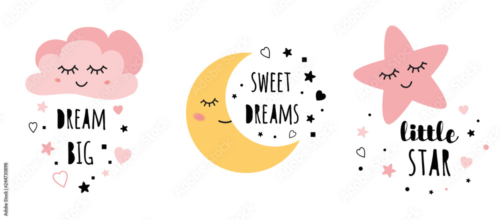 Vector pink sleepy moon star cloud kids designs Childish style pink color - obrazy, fototapety, plakaty 