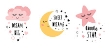 Vector Pink Sleepy Moon Star Cloud Kids Designs Childish Style Pink Color