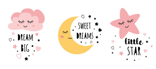 vector pink sleepy moon star cloud kids designs childish style pink color