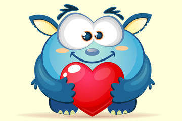 Wall Mural - Cute cartoon blue monster with heart