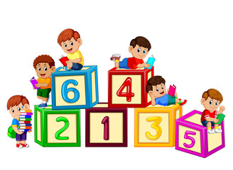 Wall Mural - Kids reading book on the number block