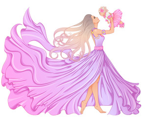 Illustration of a beautiful young woman in a long fluttering dress and with long hair holding a little baby girl. Vector color illustration isolated on white background