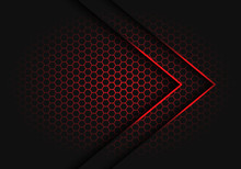 Abstract Red Arrow Light Shadow Direction On Hexagon Mesh Pattern Design Modern Futuristic Background Vector Illustration.