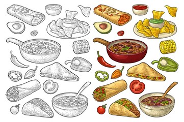 Wall Mural - Mexican traditional food set with Guacamole, Enchilada, Burrito, Tacos, Nachos