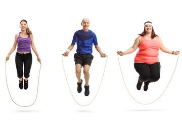 Group of different people jumping with a skipping rope