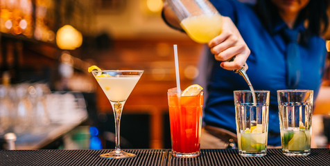 Bartender Making Serving Cocktails on Bar Party nightlife Background Alcohol Drinks