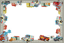 cartoon scene with ambulance police and fire brigade in the city - border title page with white background - illustration for the children