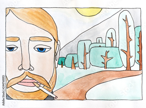 Watercolor Illustration Of Smoking Man With Mustache Blue Eyes