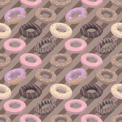 Wall Mural - Seamless food pattern with cartoon style glazed strawberry and chocolate donuts pattern on brown background