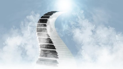Wall Mural - piano stairway to the heavens 4k loop features swirling clouds and mist with a piano keys staircase 