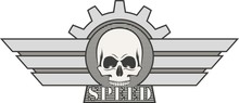 Biker Emblem. Gear With Wings And Skull With Text.