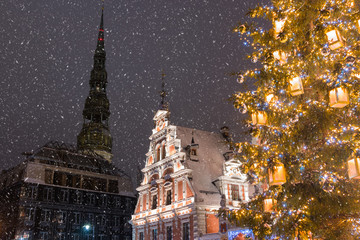 Riga, Latvia. December, 2018. Christmas trees in the city center. People celebrate Christmas and New Year.