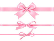Set Of Decorative Pink Bow With Horizontal Pink Ribbon For Gift Decor.Vector Illustration Isolated On White
