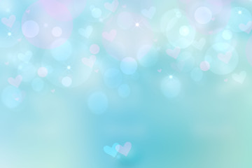 Wall Mural - Abstract festive blur bright blue pastel background with blue hearts love bokeh for wedding card or Valentine‘s day. Space. Card concept.