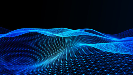 abstract background with dynamic blue wave. particle placement with hanging dots in space. large dat